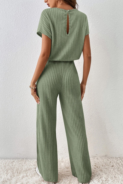 Parchment Solid Color Ribbed Short Sleeve Wide Leg Jumpsuit