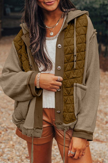 Jungle Green Quilted Textured Patchwork Loose Fit Hooded Jacket