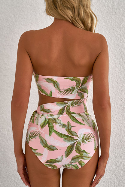 Pink Tropical Asymmetric Cut out Halter Backless One Piece Swimwear