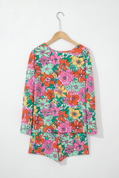 Multicolor Flower Print Pullover and Drawstring Shorts Lounge Set