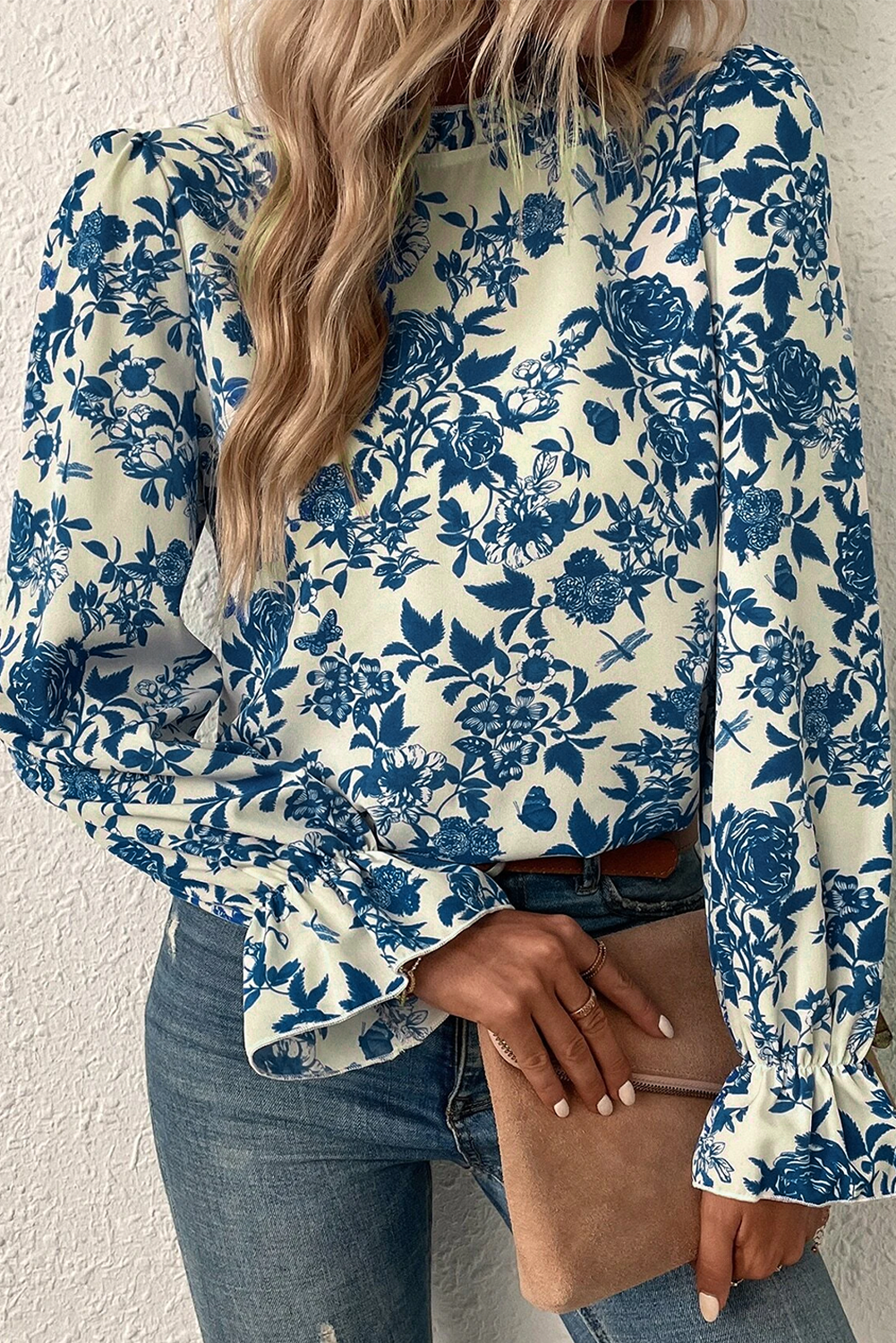 Sky Blue Floral Print Flounce Sleeve Keyhole Back Blouse