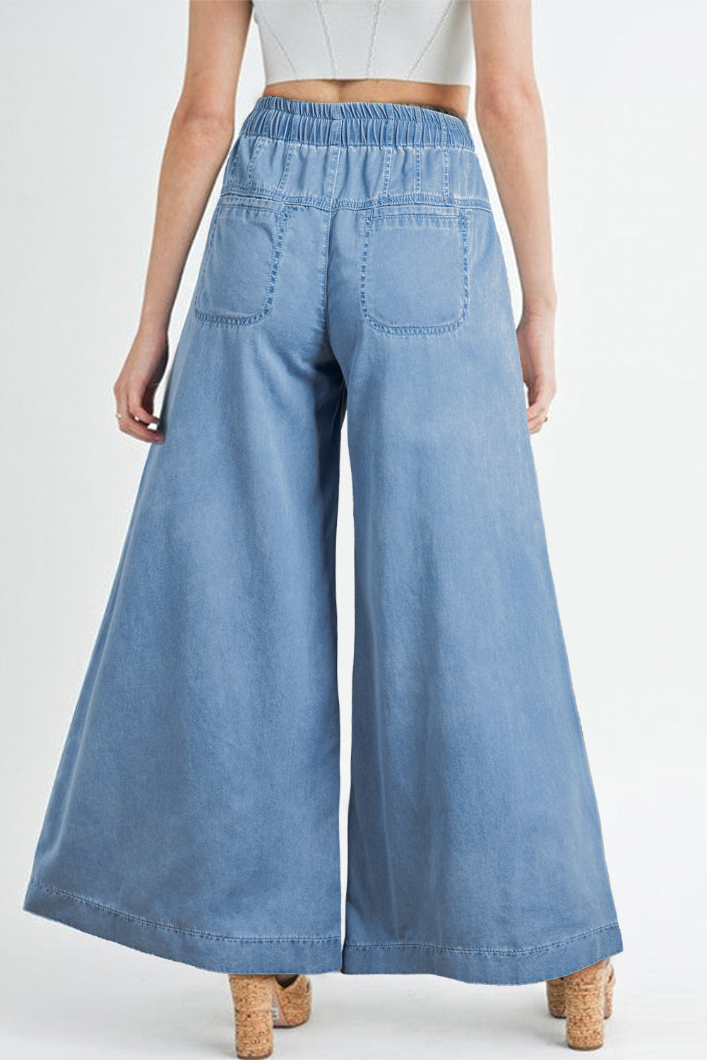 Dusk Blue Mineral Wash Button Fly Waist Wide Leg Jeans