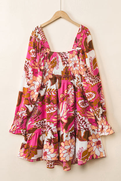 Rose Floral Print Smocked Square Neck Bubble Sleeve Dress