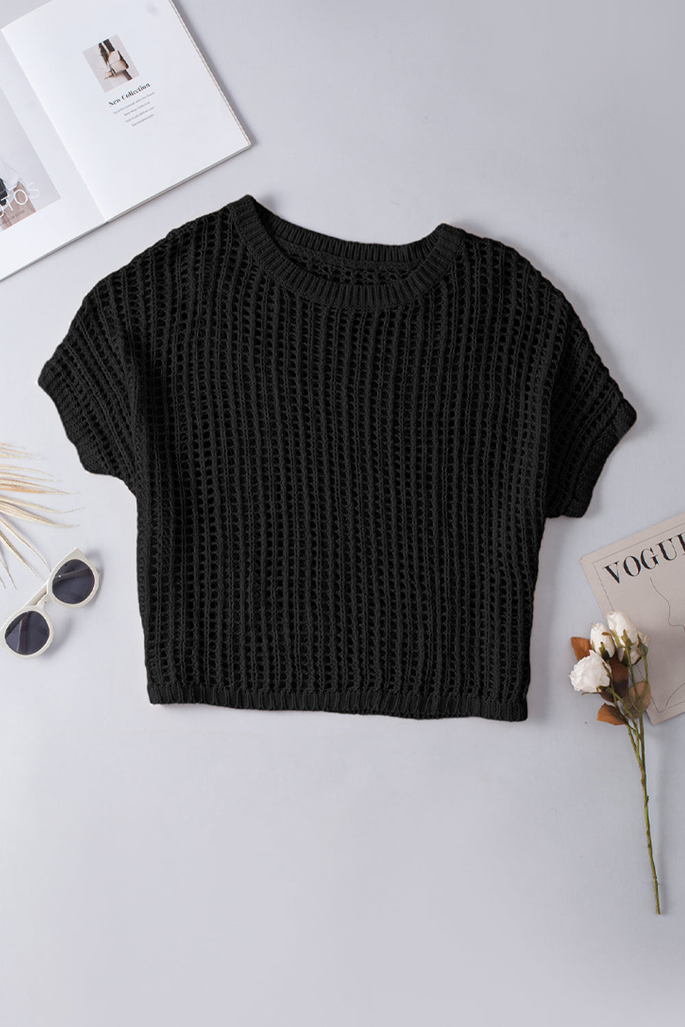 Apricot Fishnet Knit Ribbed Round Neck Short Sleeve Sweater Tee | Dia&Popo