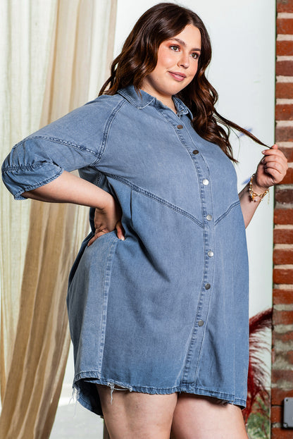 Light Blue Ruffled 3/4 Sleeve Buttoned Front Plus Size Denim Dress