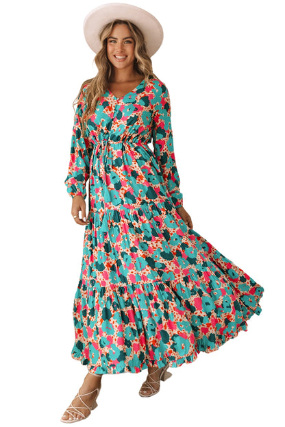 Multicolor Bohemia Print V Neck Ruffle Long Sleeve Maxi Dress