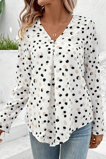 Green Polka Dot Print Button Front V Neck Blouse