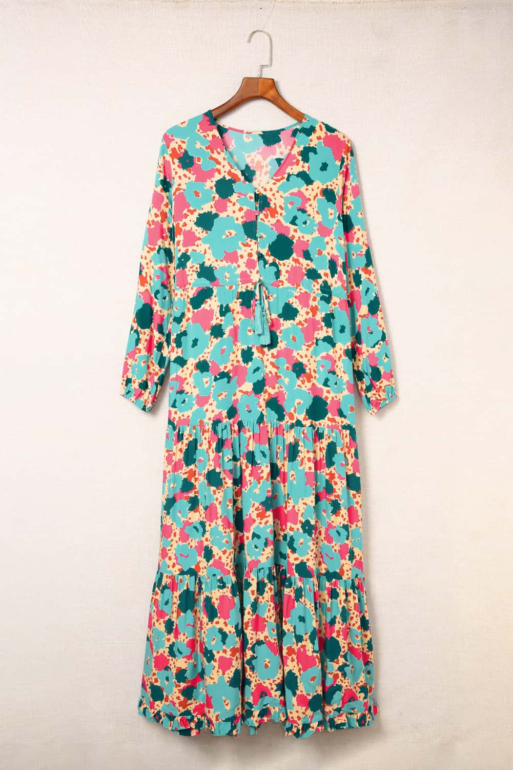 Multicolor Bohemia Print V Neck Ruffle Long Sleeve Maxi Dress