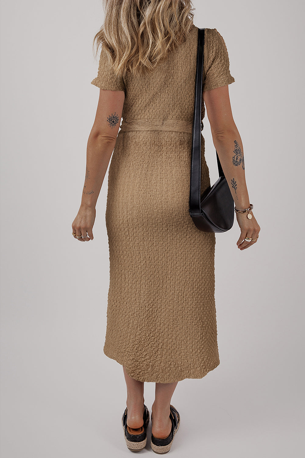 Buckskin Short Sleeve Textured Button Up Tie Waist Long Dress