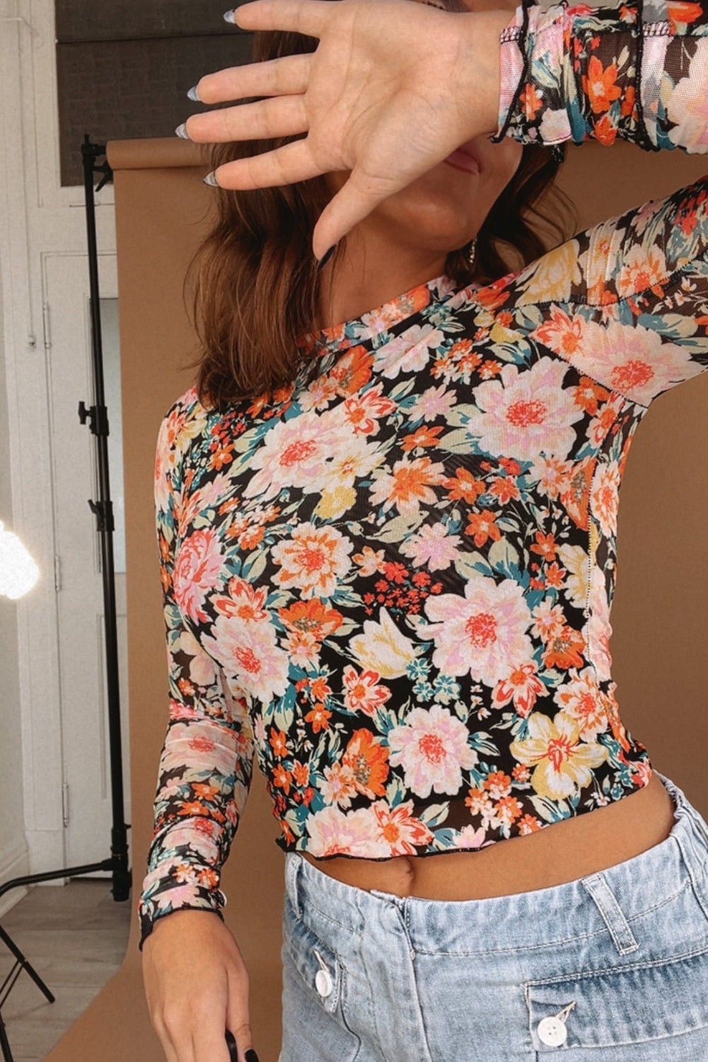 Orange Floral Mesh Slim Long Sleeve Crop Top