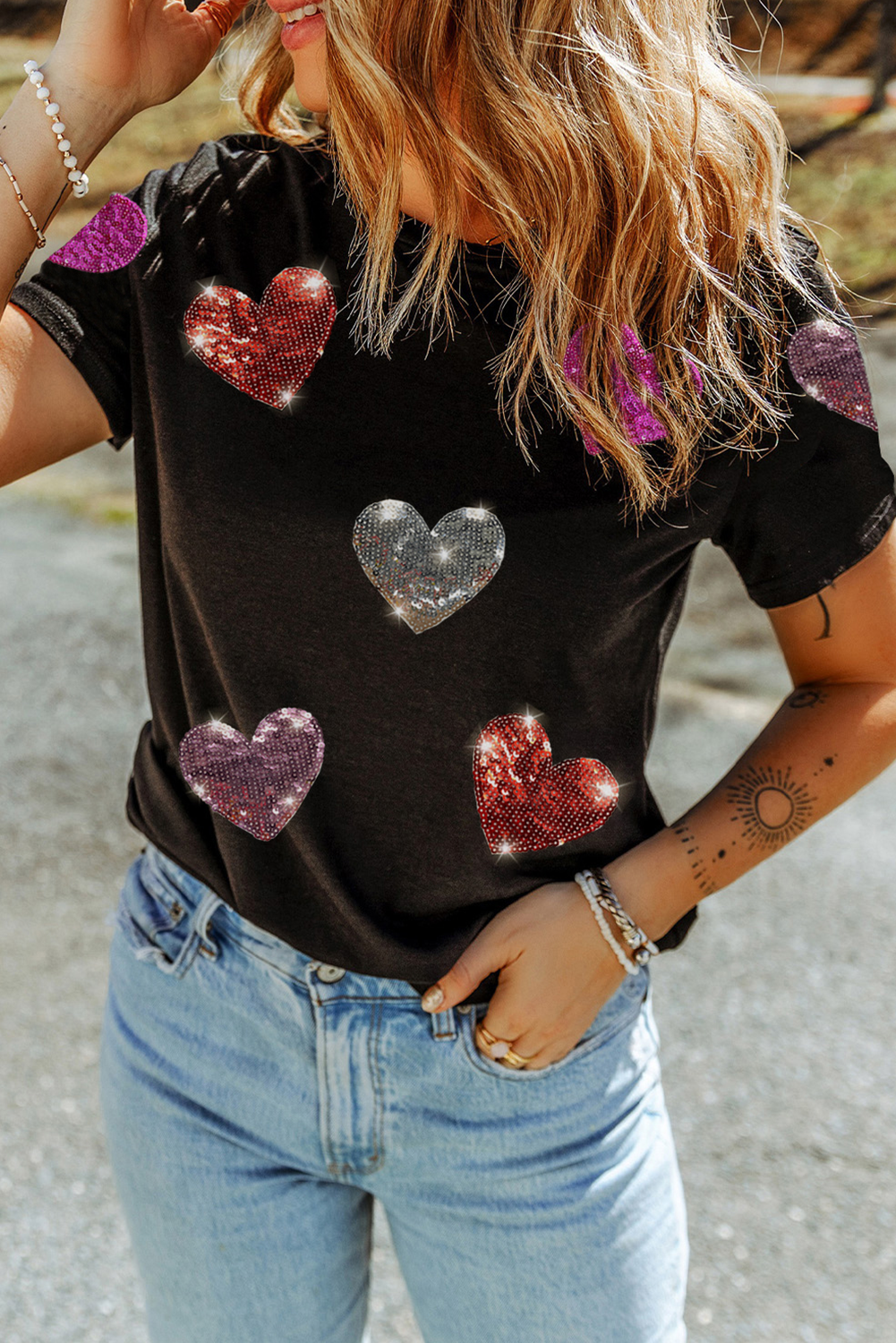 Black Sequin Heart Patched Pattern Crewneck Valentines Tee