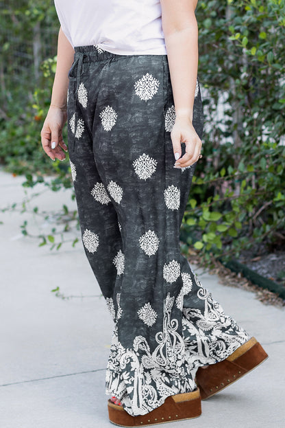 Black Plus Size Geometric Ethnic Print Drawstring Wide Leg Pants