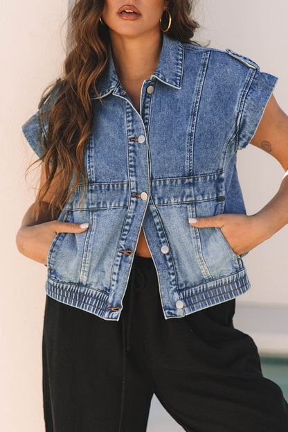 Ashleigh Blue Acid Wash Elastic Hem Button Up Denim Vest