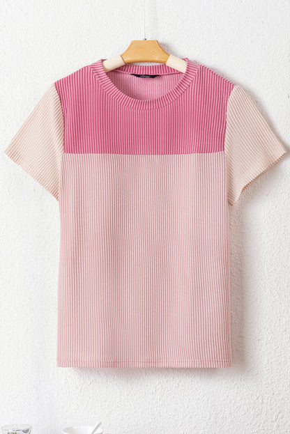 Pink Rib Textured Colorblock T Shirt