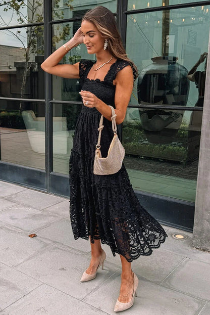 Black Lace Smocked Bodice Sleeveless Midi Dress