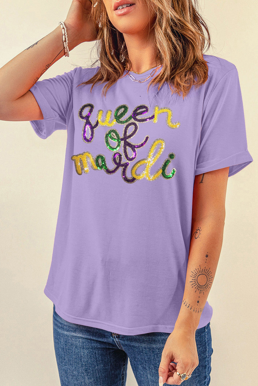 White queen of mardi Sequin Letter Graphic T Shirt