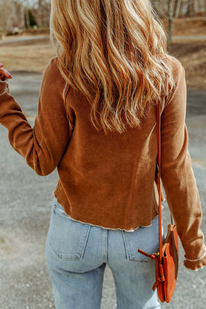 Apricot Pink Textured Round Neck Long Sleeve Top