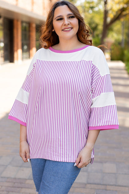 White Stripe Patchwork Bracelet Sleeve Plus Size T Shirt