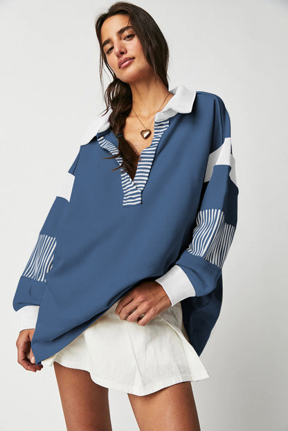 Black Striped Colorblock Patchwork Collar Sweatshirt