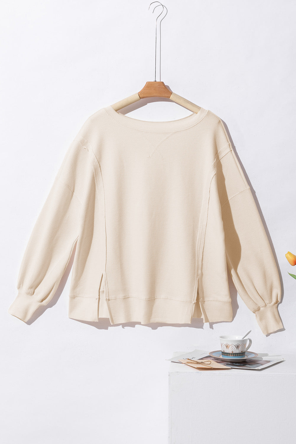 White Waffle Knit Bishop Sleeve Split Oversized Sweatshirt