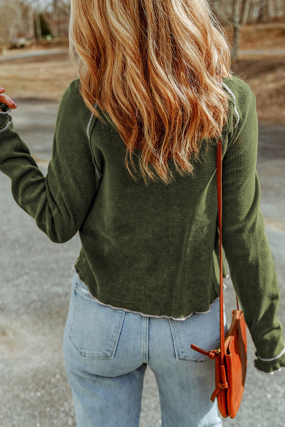 Apricot Pink Textured Round Neck Long Sleeve Top