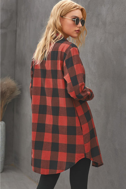 Brown Turn-down Collar Plaid Shirt Coat