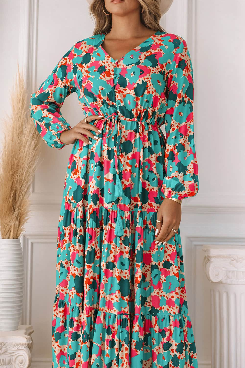 Multicolor Bohemia Print V Neck Ruffle Long Sleeve Maxi Dress