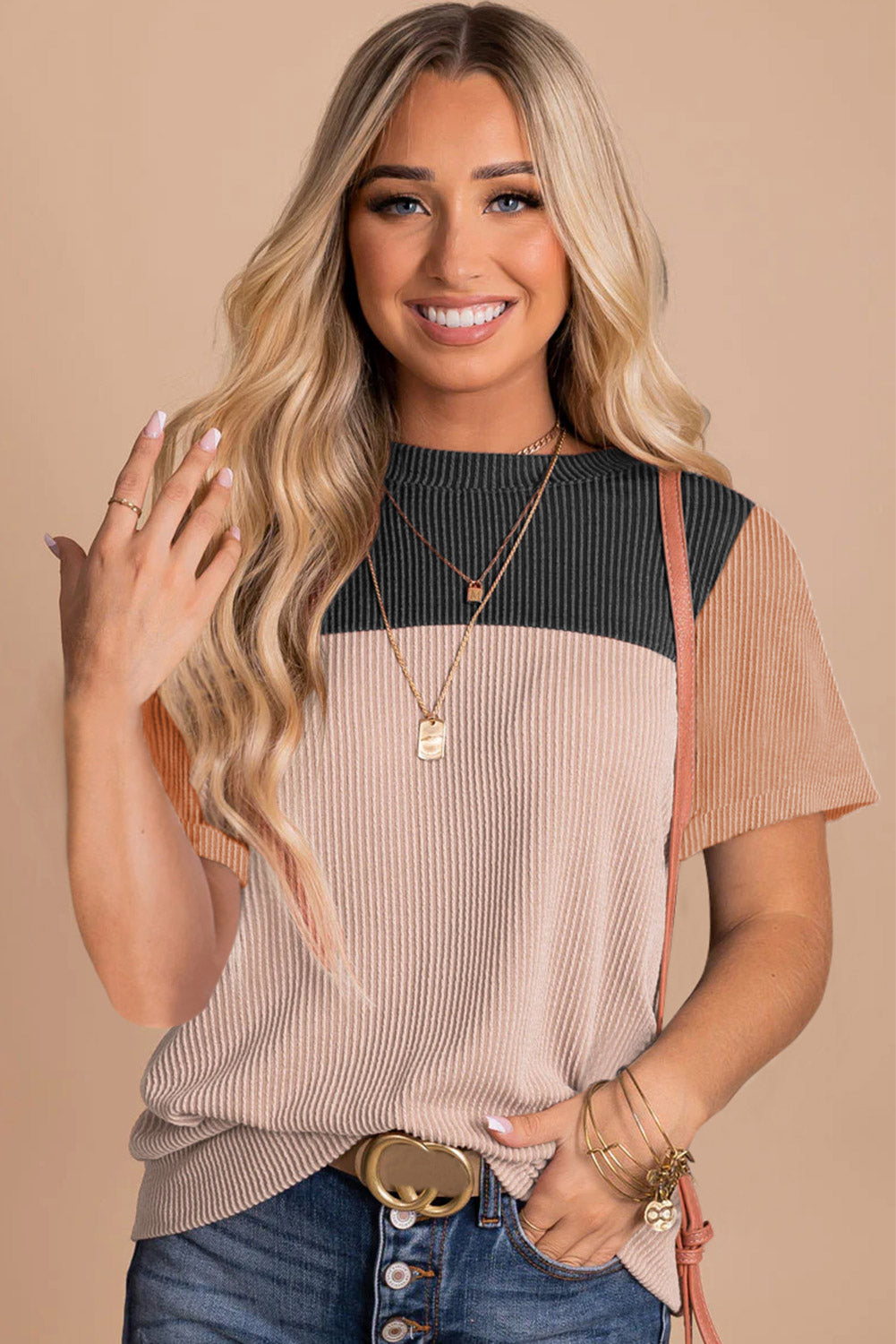 Pink Rib Textured Colorblock T Shirt