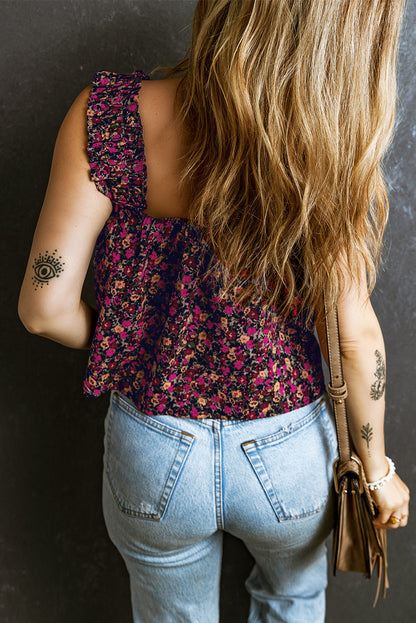 Rose Boho Frilled Straps Floral Tank Top