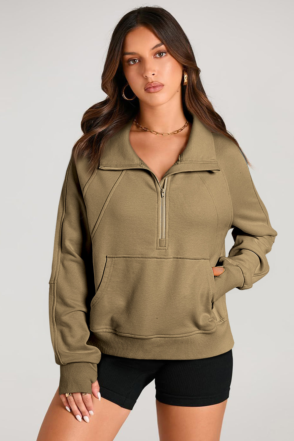 Light Grey Quarter Zip Stand Neck Kangaroo Pocket Sweatshirt