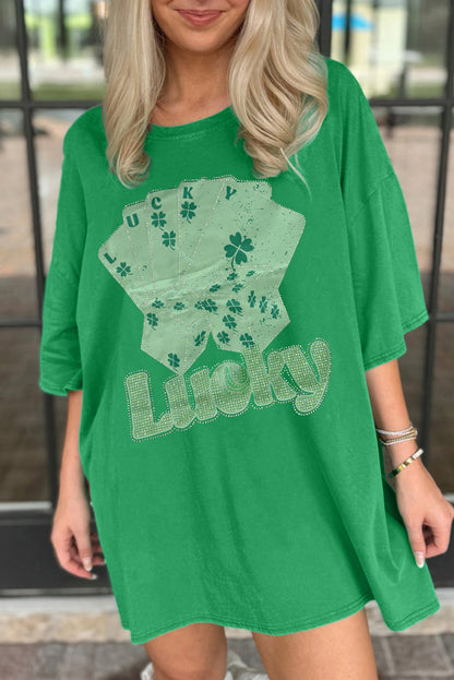 Bright Green Rhinestone Lucky Poker Cards Oversized T Shirt Mini Dress