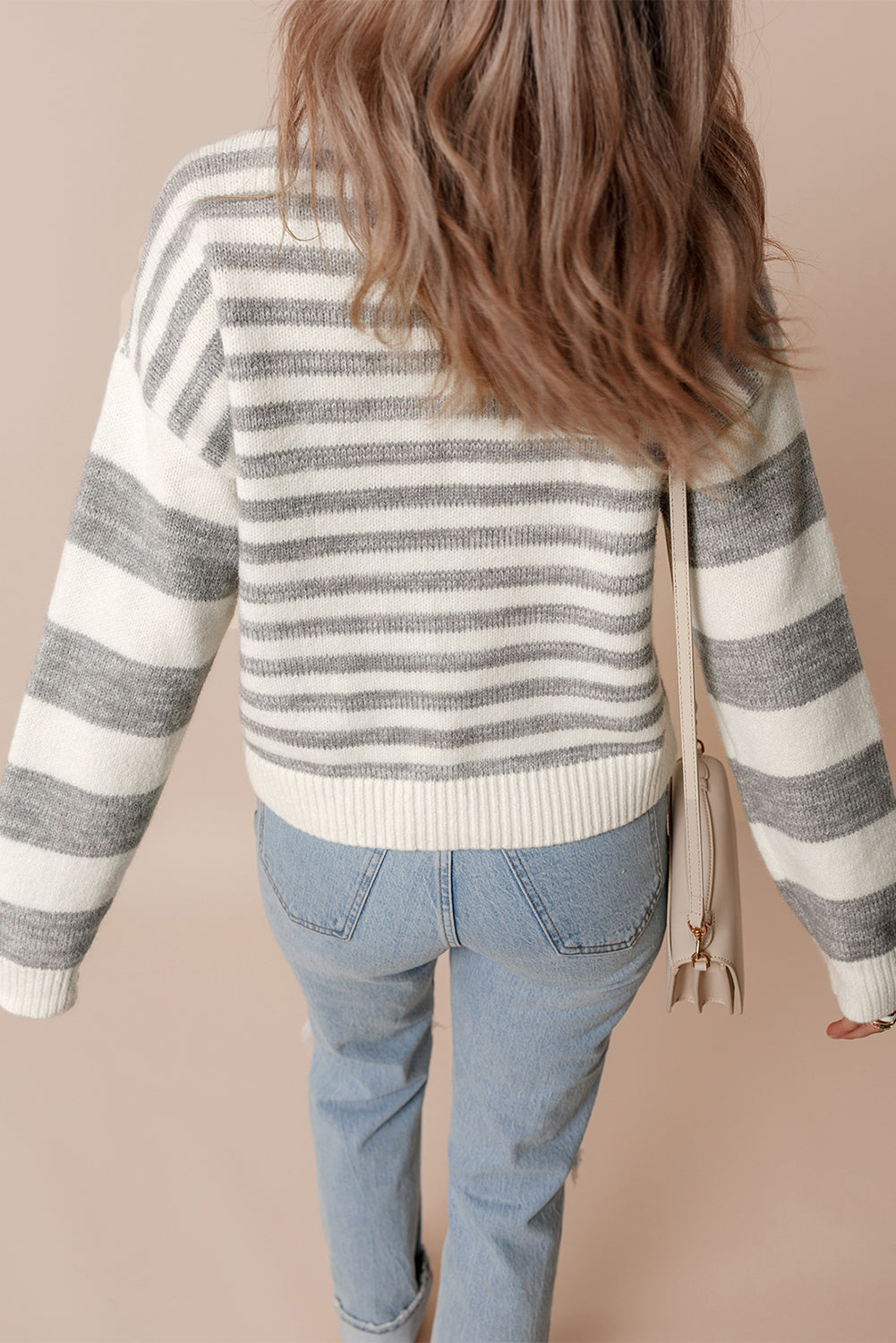 Gray Stripe Drop Shoulder Crew Neck Sweater