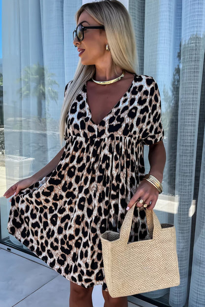 Khaki Cheetah Print Backless V Neck Loose Fit Mini Dress