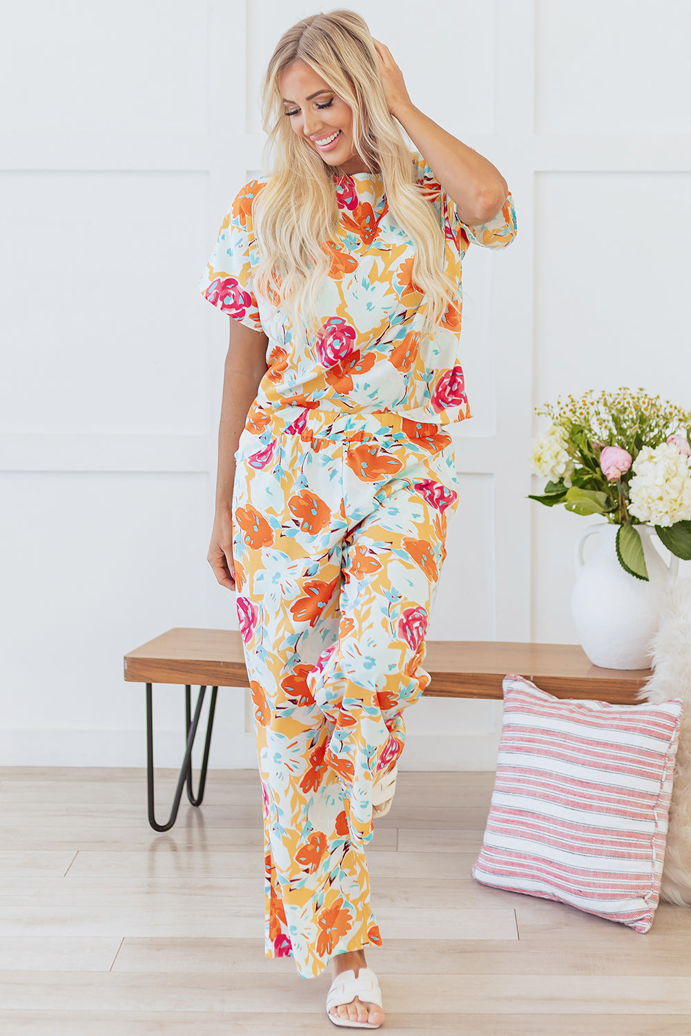 Orange Vibrant Floral Printed Short Sleeve Top 2 Piece Pants Set