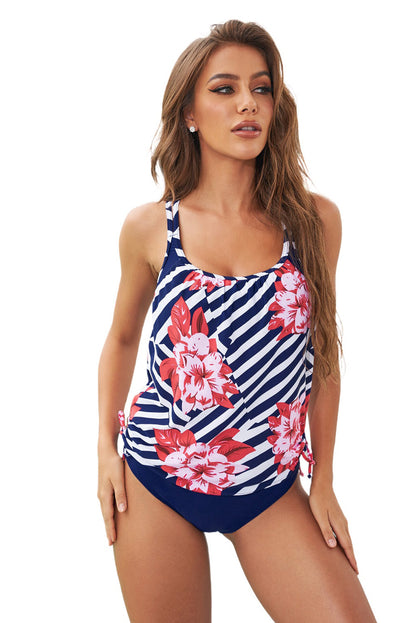 Black Geometric Printed Lined Tankini Swimsuit