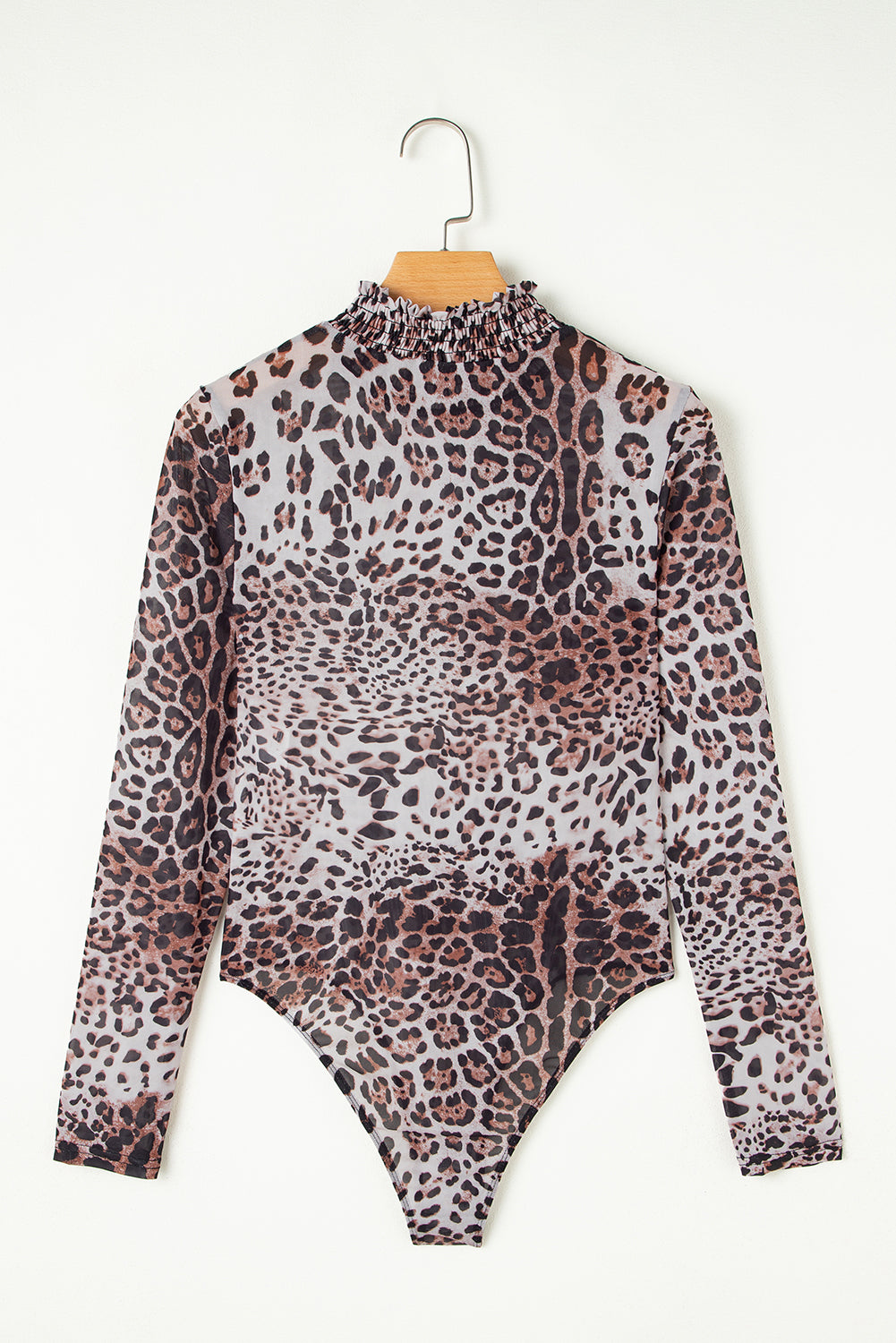 Brown Leopard Smocked Neck Mesh Long Sleeve Bodysuit