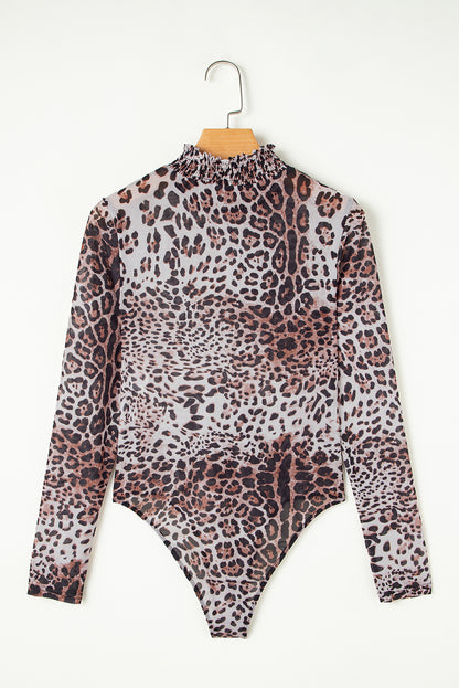 Brown Leopard Smocked Neck Mesh Long Sleeve Bodysuit