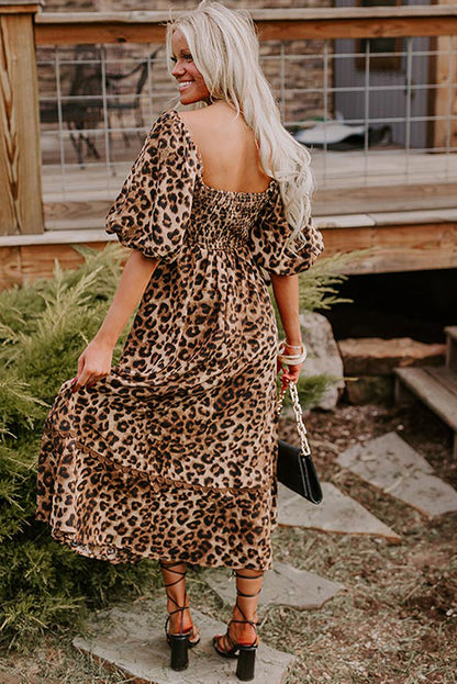 Brown Leopard Print Bubble Sleeve Square Neck Maxi Dress