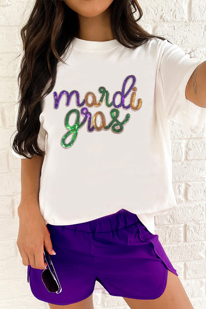 White Sequin mardi gras Graphic T Shirt