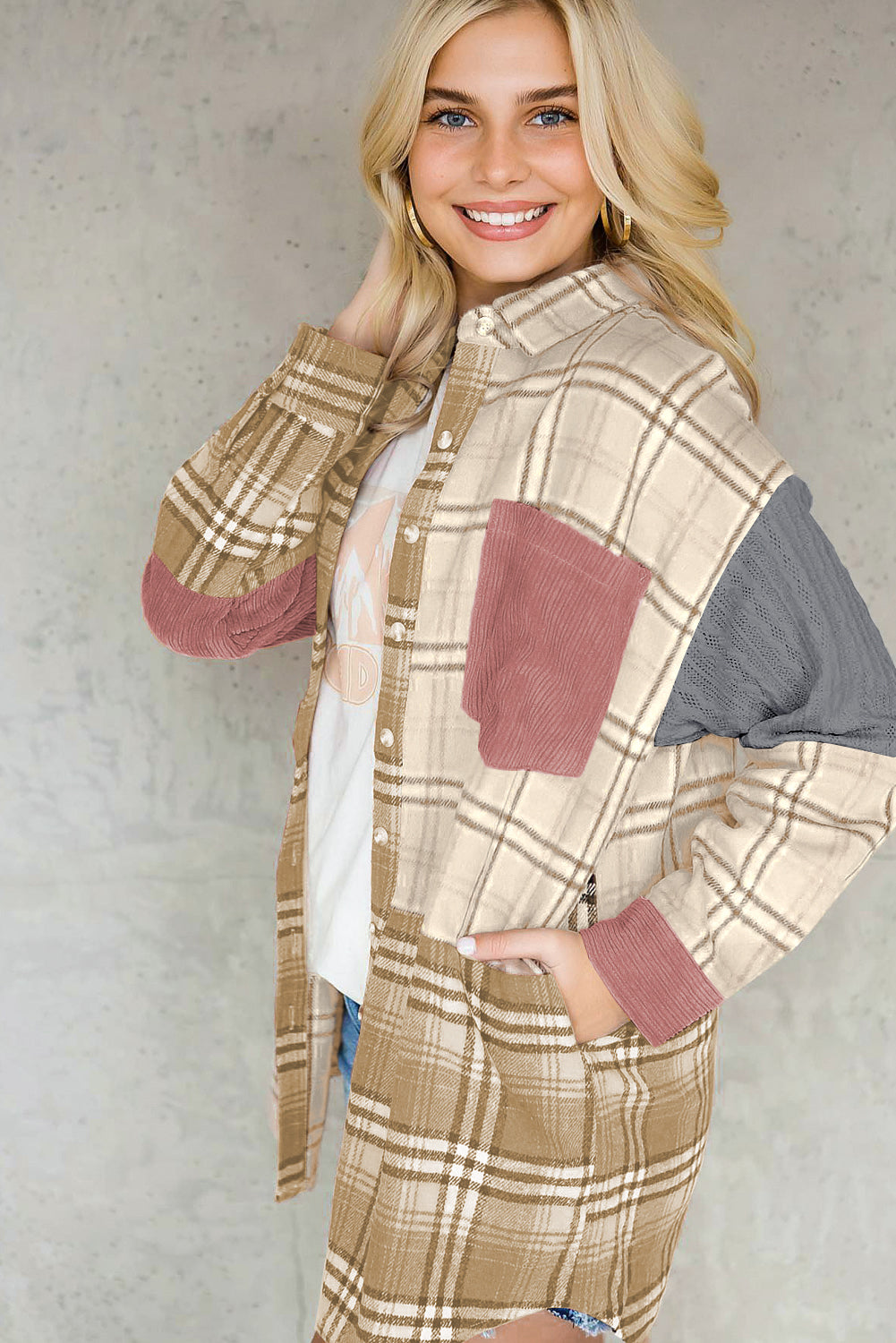 Orange Plaid Color Block Patchwork Shirt Jacket with Pocket