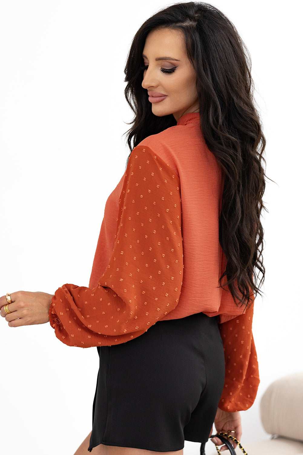 Russet Orange Swiss Dot Balloon Sleeve Loose Blouse