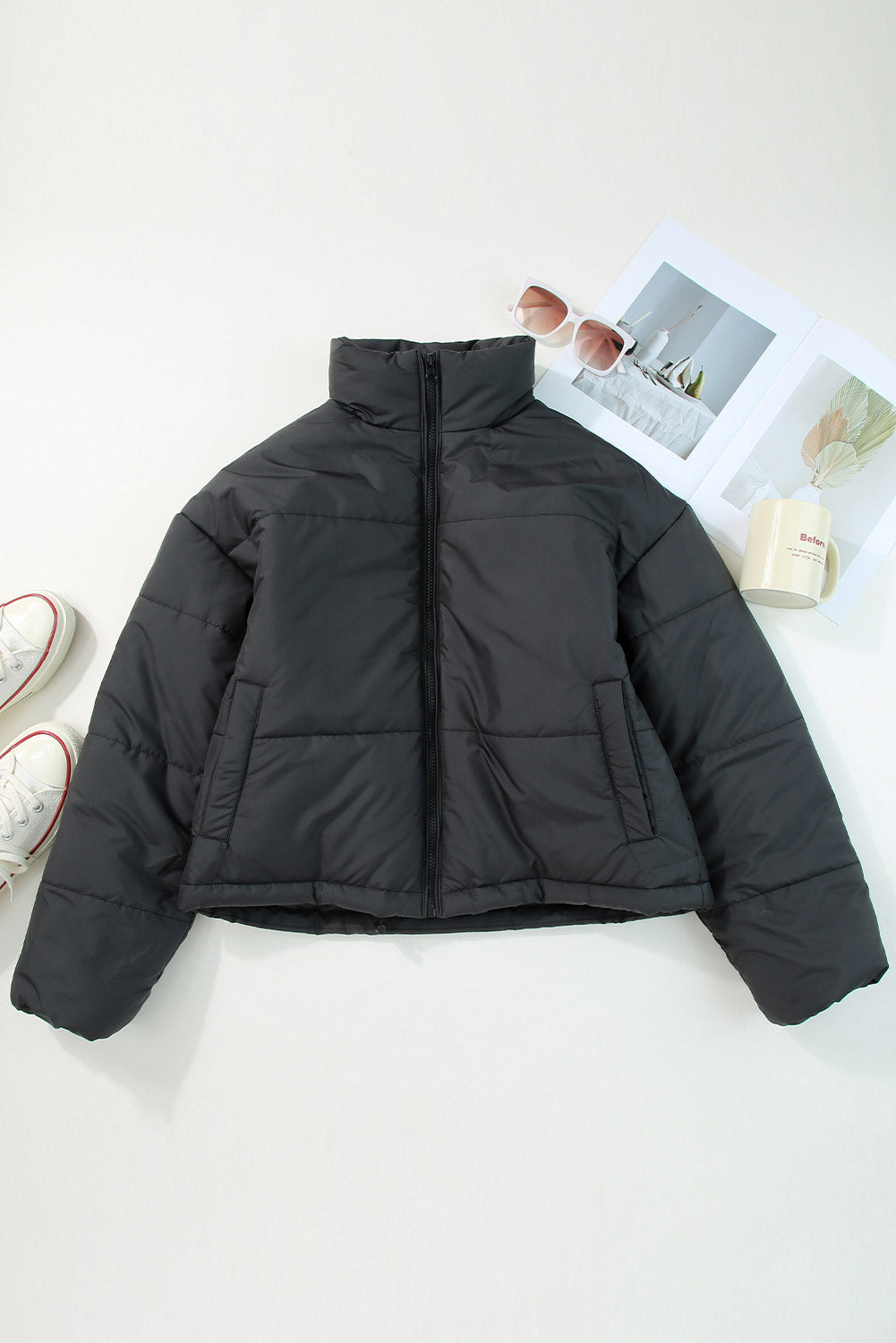 Black Zip Up Drawstring Hem Puffer Coat