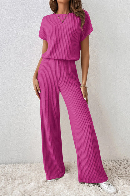 Parchment Solid Color Ribbed Short Sleeve Wide Leg Jumpsuit