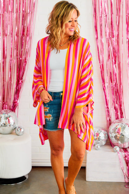 Rose Stripe Wide Sleeve Open Front Kimono