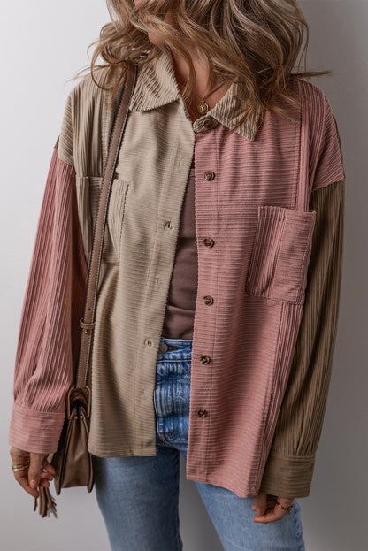 Brown Color Block Chest Pockets Buttoned Corduroy Shacket