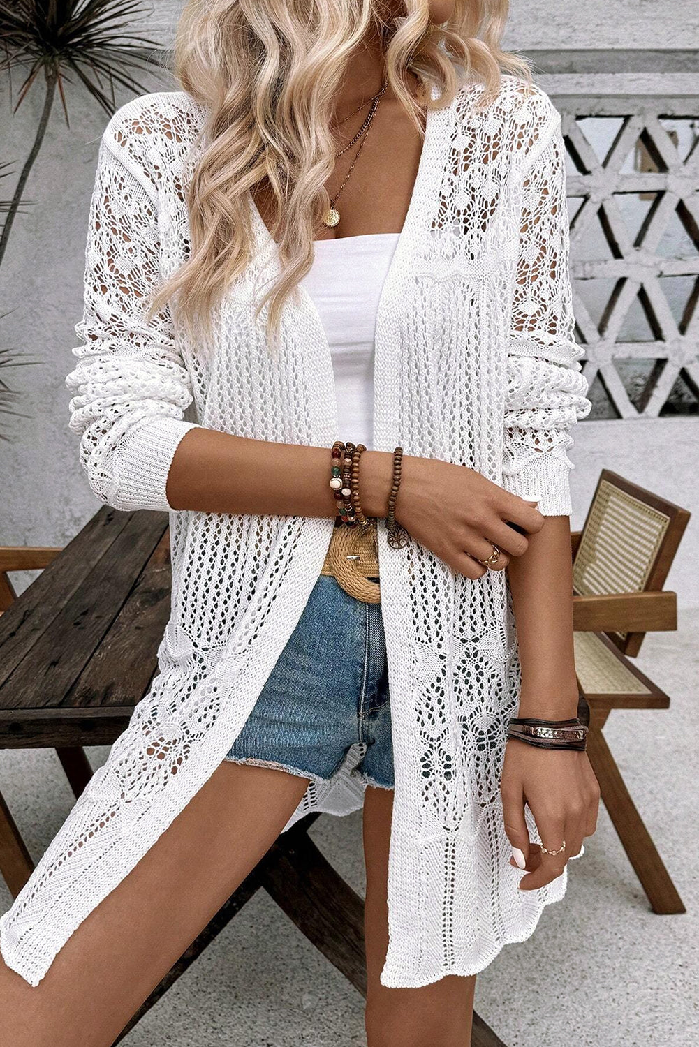 Black Crochet Hollow Out Open Front Cardigan