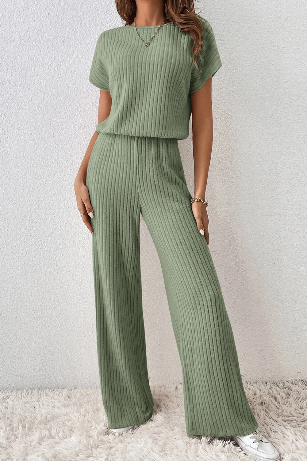 Parchment Solid Color Ribbed Short Sleeve Wide Leg Jumpsuit