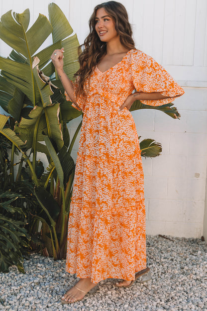 Orange Floral Print Smocked V Neck Wide Sleeve Maxi Dress