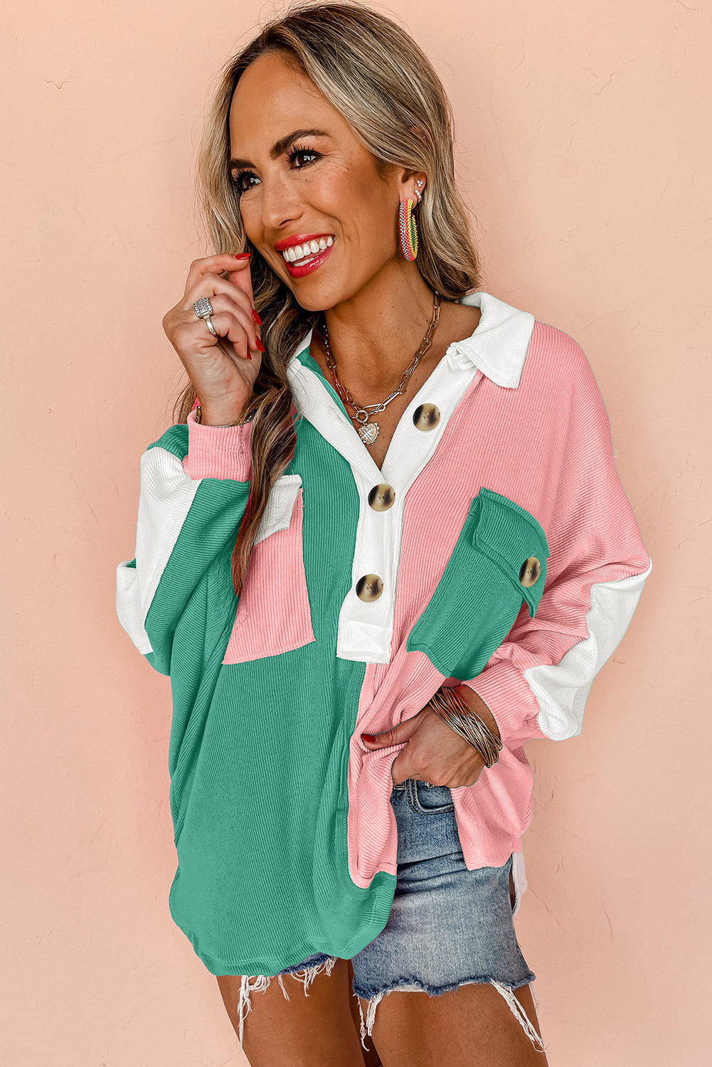 Pink Colorblock Ribbed Collared Oversized Sweatshirt