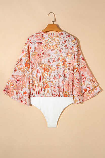 Orange Floral Print Ruffled Bell Sleeve V Neck Bodysuit